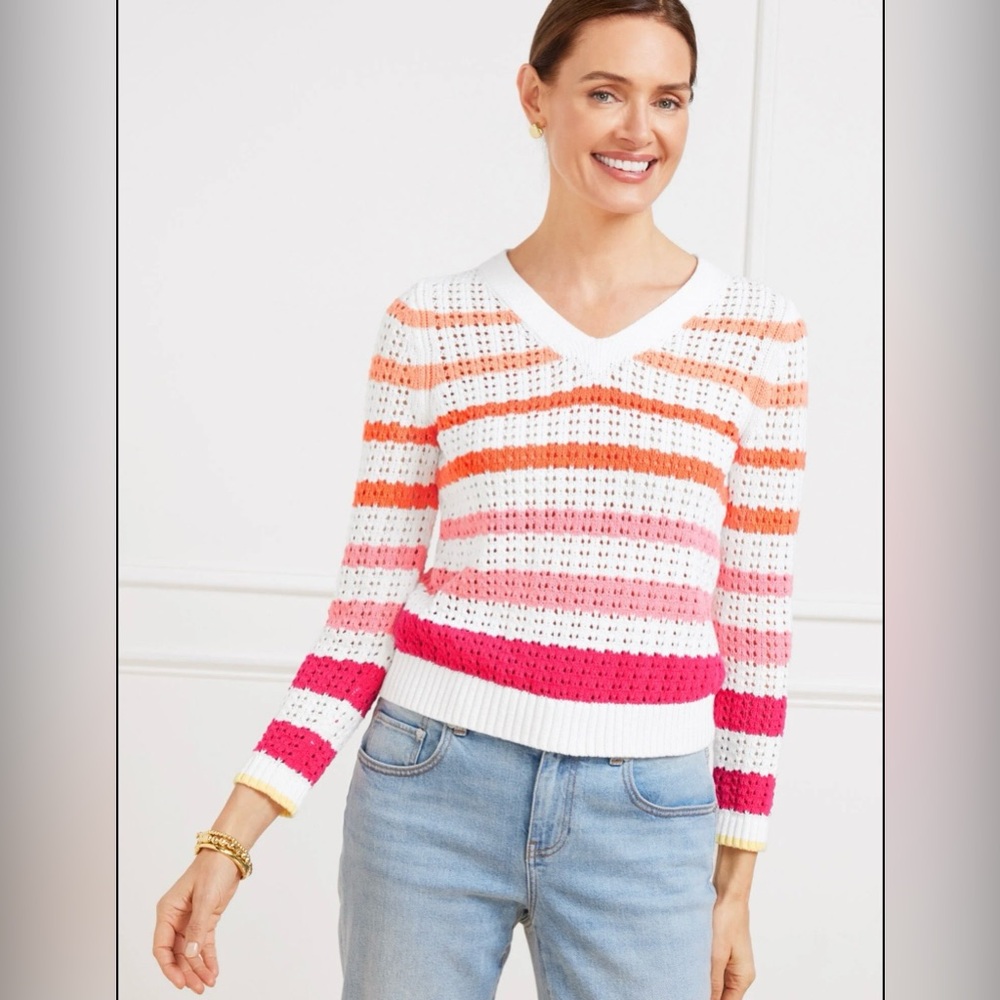 TALBOTS Open Stitch V-Neck Striped Sweater